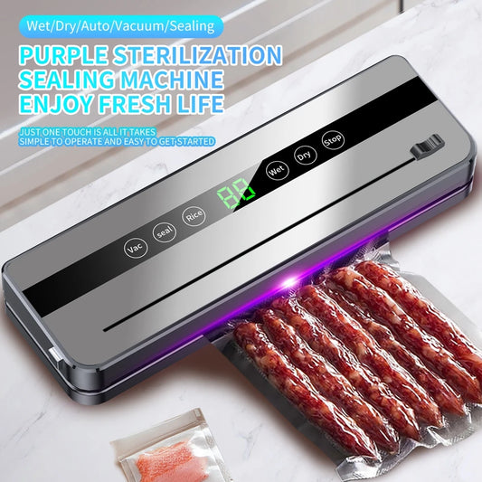 Machine de mise sous vide électrique pour la conservation des aliments : bouton tactile, fonction sèche/humide, coupe-aliments intégré, idéale pour la cuisine.