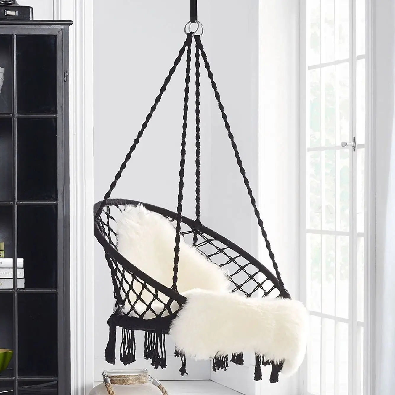 Fauteuil suspendu hamac, fauteuil suspendu en corde de coton avec coussin et kit de fixation, fauteuil suspendu.