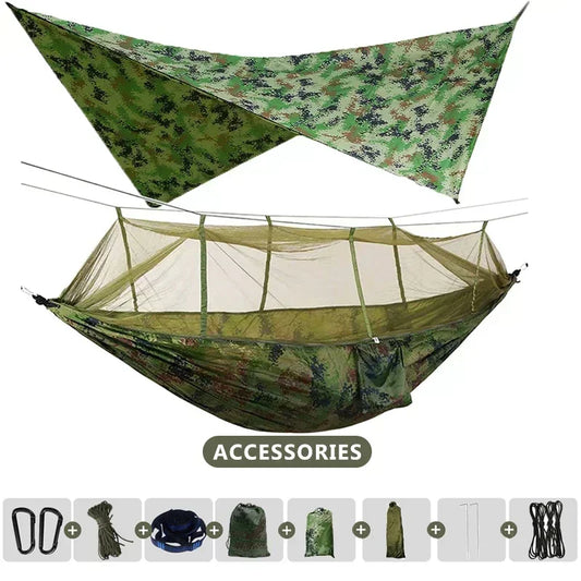 Hamac double de camping extérieur 260x140cm avec moustiquaire et bâche anti-pluie, hamac léger en parachute pour la randonnée et les voyages