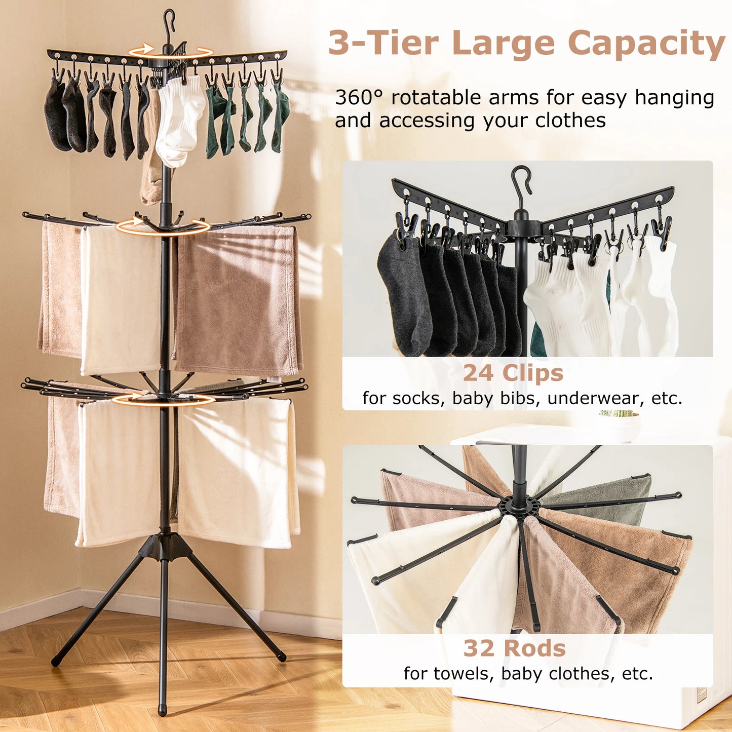 Séchoir à linge pliant 3 niveaux — Gain de place et séchage rapide