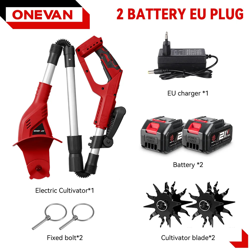 Motoculteur Électrique ONEVAN 1600W Sans Fil – Puissant, Silencieux, Idéal pour Jardin et Potager (Brushless + Double Lame)