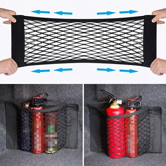 1 sac de rangement universel pour voiture, filet de coffre à double maille, sac de rangement intégré avec fixation pour extincteur.