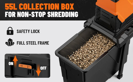 Broyeur de branches DOVAMAN, moteur sans balais de 2500 W, rouleau à 8 dents, broie les branches sèches jusqu'à 40 mm, bac de 55 L, protection contre les surcharges