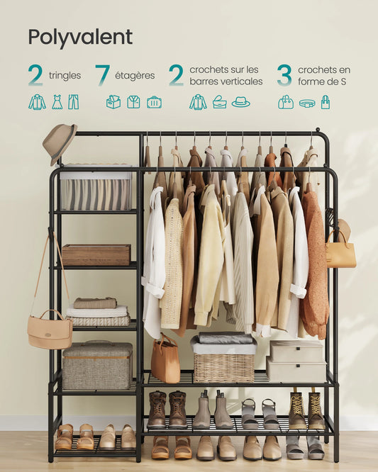 SONGMICS Porte-vêtements, armoire ouverte, porte-manteau avec 7 étagères, cadre en métal, rails suspendus, noir