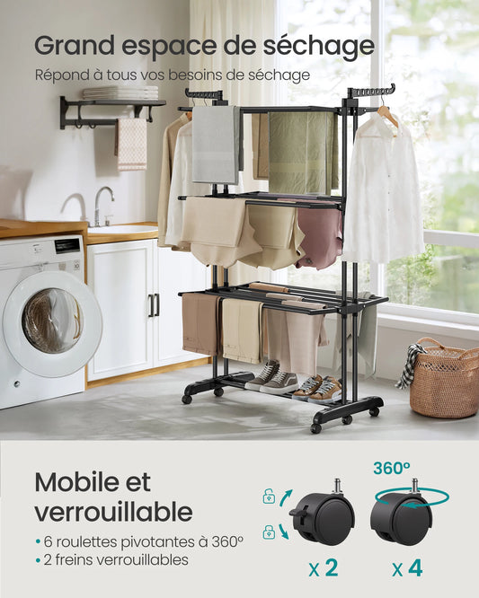 Séchoir à vêtements à 4 niveaux avec roues, pliable, 63,5 x 125,5 x 173 cm, grande capacité, usage intérieur et extérieur, noir