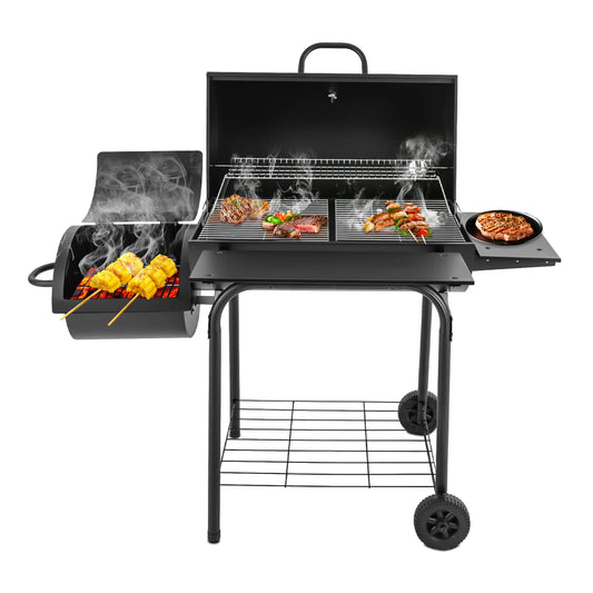 Barbecue à charbon de bois d'extérieur sur pied avec couvercle et roulettes, noir, pour jardin et camping, 147 x 70 x 126 cm