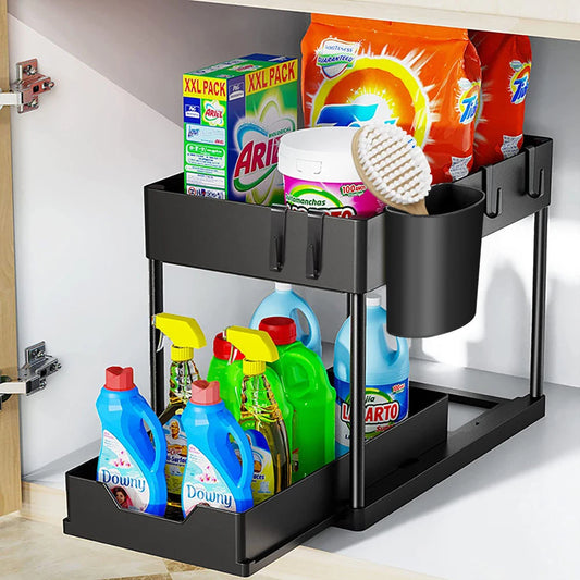 Organisateur de rangement à 2 niveaux sous évier, panier coulissant avec crochets, support pour tasses suspendues, pour salle de bain ou cuisine.