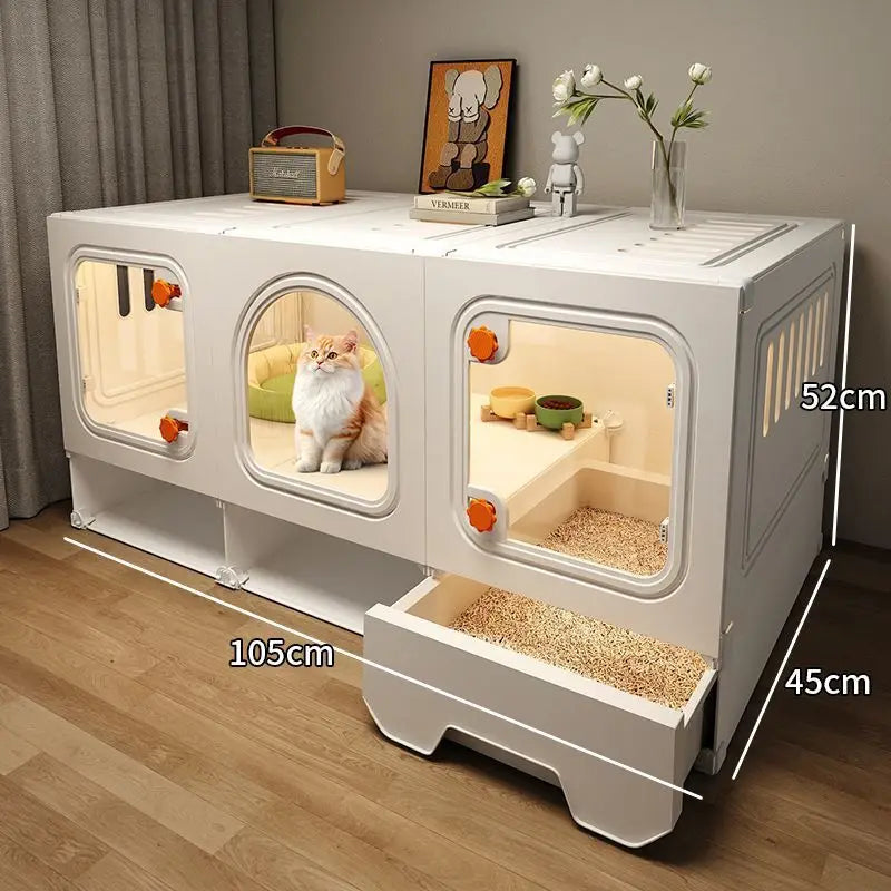 Grande maison pour chat avec tiroir transparent, avec compartiment de rangement.
