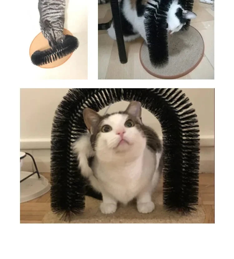 Arche de toilettage pour chat avec brosse auto-massage et griffoir intégré