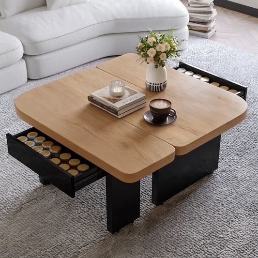 Conception de table basse 2 en 1, librement combinable, 2 tiroirs, ronds souples, pieds réglables en hauteur.