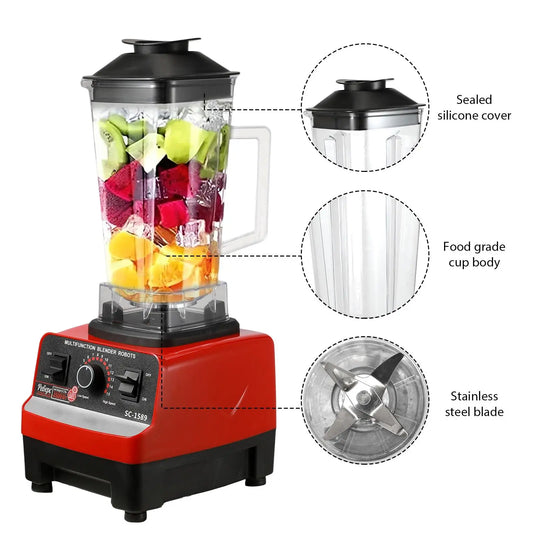 Mixeur électrique 2 en 1 2000 W haute puissance, robuste et professionnel, pour smoothies et autres préparations culinaires.