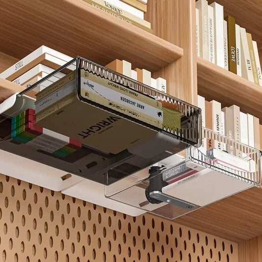 Étagère de rangement invisible, boîte de rangement coulissante à suspendre sous le Bureau, Table ou tiroir de grande capacité.
