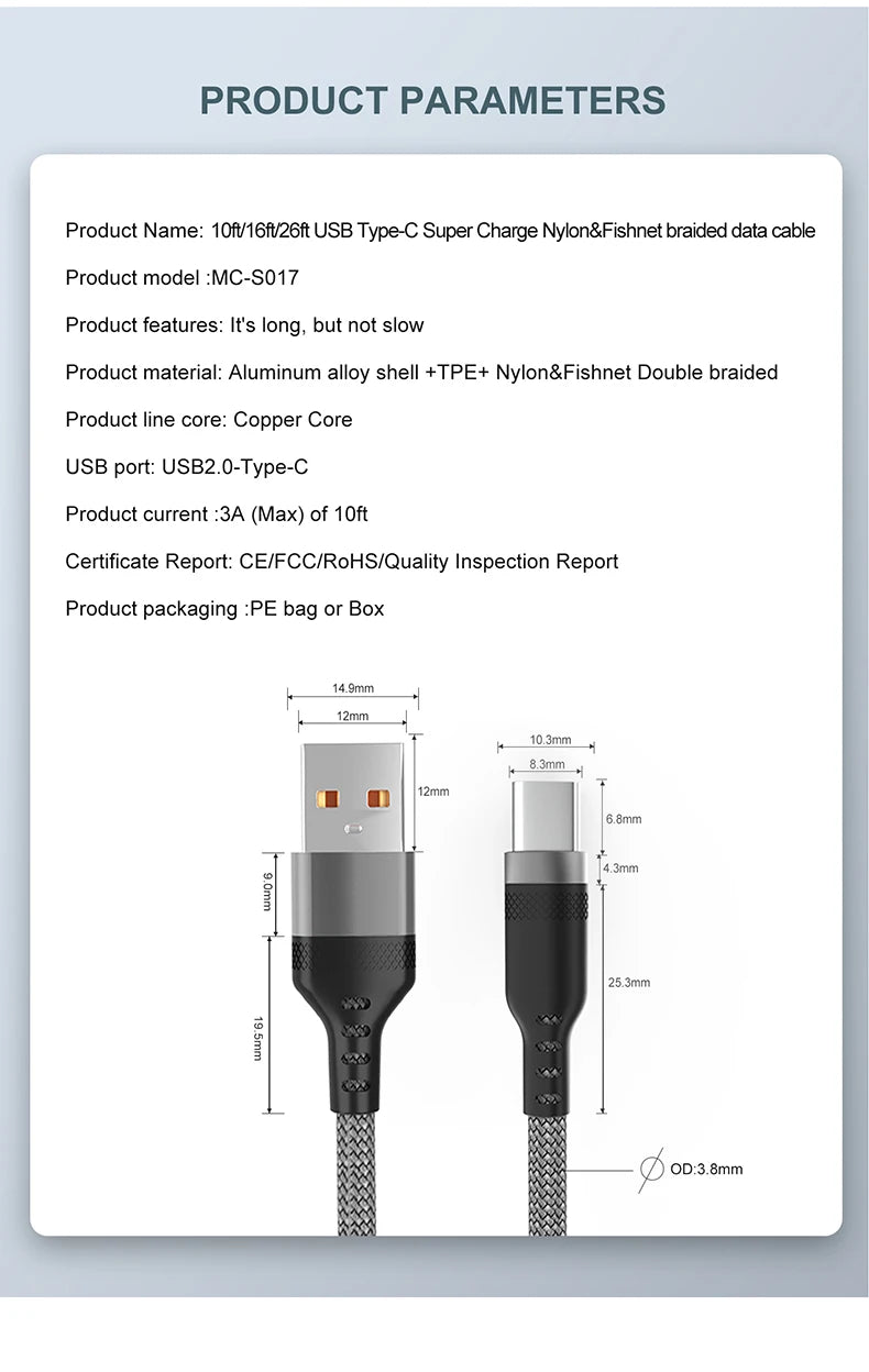 Câble USB-C charge rapide 6A — Longueur confort jusqu’à 8 mètres