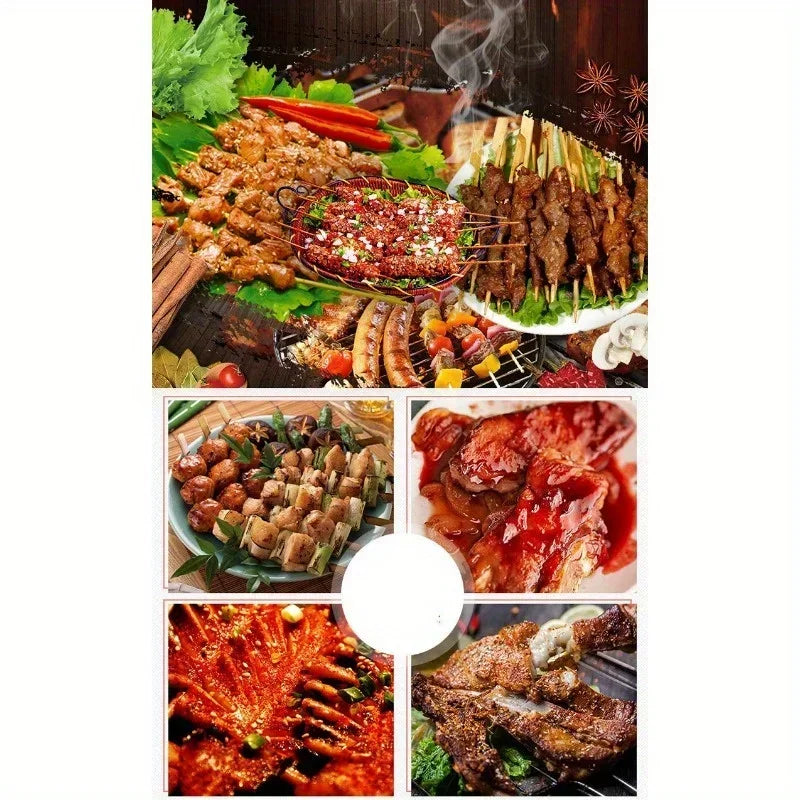 Ensemble d'ustensiles de barbecue portables avec sac, comprenant fourchettes, pinces, pelles et autres accessoires en acier inoxydable pour le camping et la cuisine.