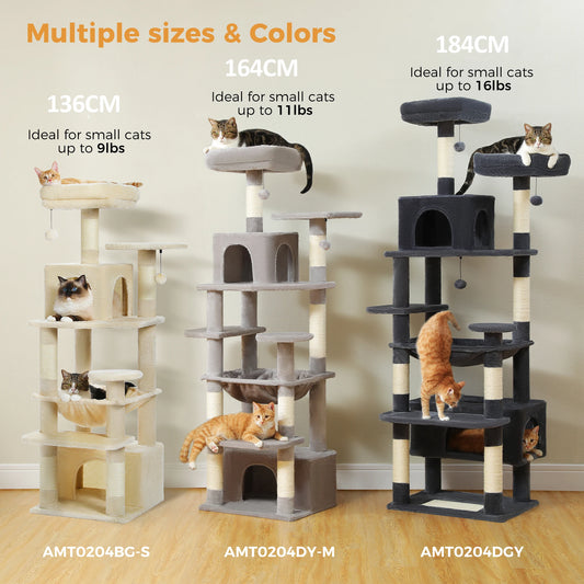 Grand arbre à chat et tour pour chats d'intérieur avec poteaux à griffer recouverts de sisal, hamac spacieux, perchoirs et niches rembourrés, jouets pour chats