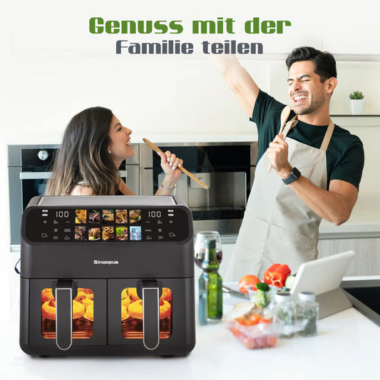 Friteuses à air multifonctions à double panier 9L Fenêtre de visualisation de machine intelligente Friteuse chaude électrique Cuisinière sans huile avec commande tactile LED