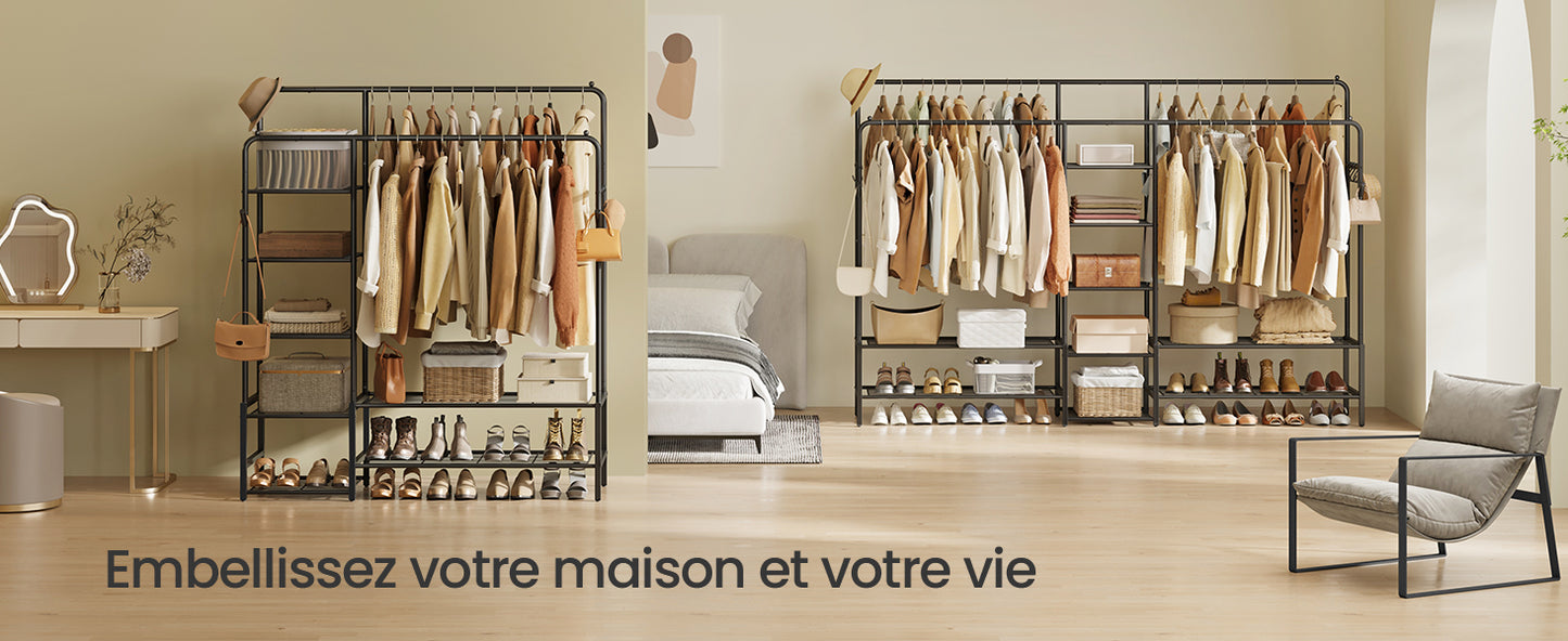 SONGMICS Porte-vêtements, armoire ouverte, porte-manteau avec 7 étagères, cadre en métal, rails suspendus, noir
