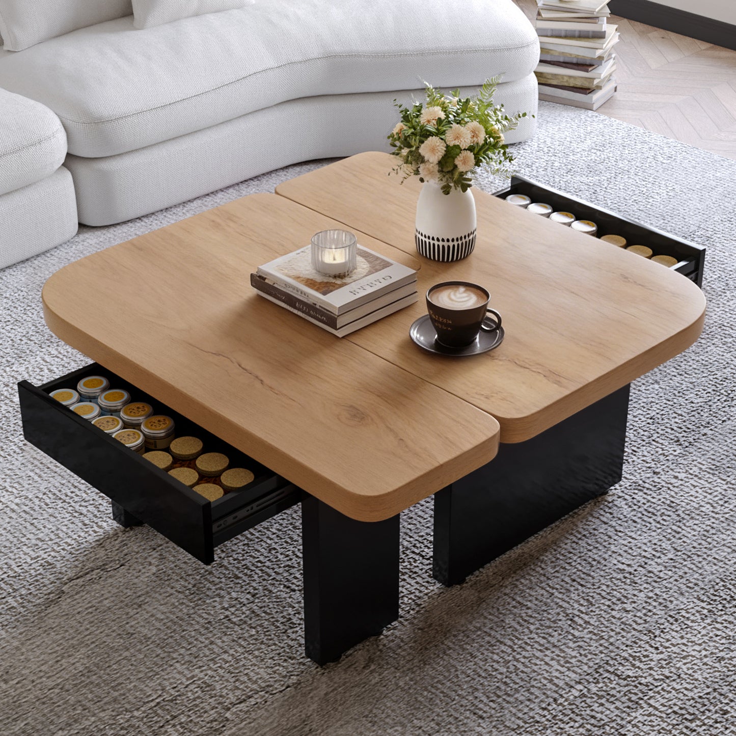 Conception de table basse 2 en 1, librement combinable, 2 tiroirs, ronds souples, pieds réglables en hauteur.