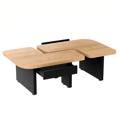 Conception de table basse 2 en 1, librement combinable, 2 tiroirs, ronds souples, pieds réglables en hauteur.