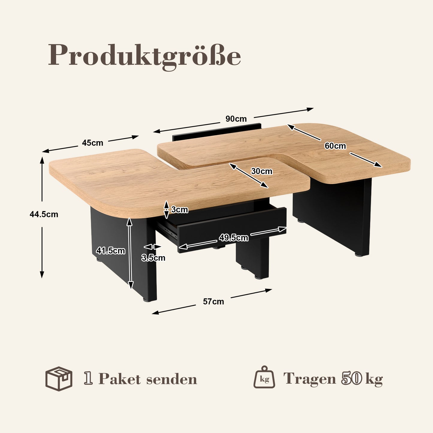 Conception de table basse 2 en 1, librement combinable, 2 tiroirs, ronds souples, pieds réglables en hauteur.