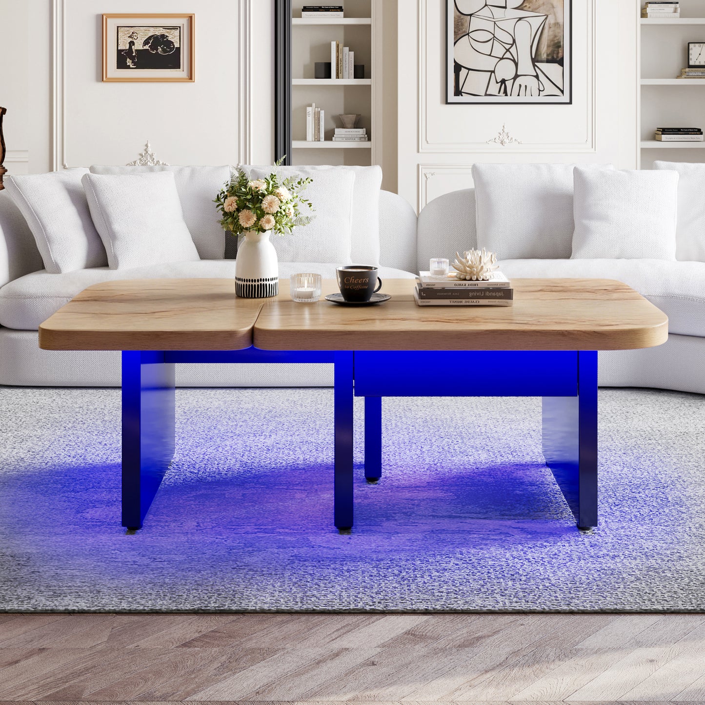 Conception de table basse 2 en 1, librement combinable, 2 tiroirs, ronds souples, pieds réglables en hauteur.