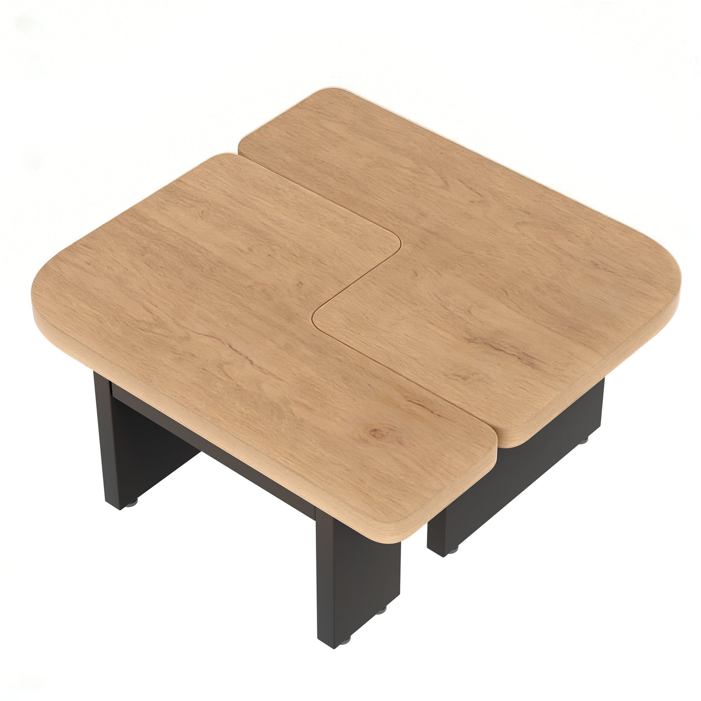 Conception de table basse 2 en 1, librement combinable, 2 tiroirs, ronds souples, pieds réglables en hauteur.