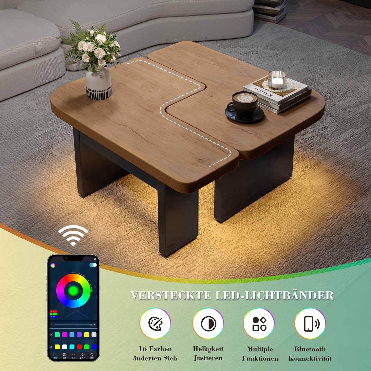 Conception de table basse 2 en 1, librement combinable, 2 tiroirs, ronds souples, pieds réglables en hauteur.