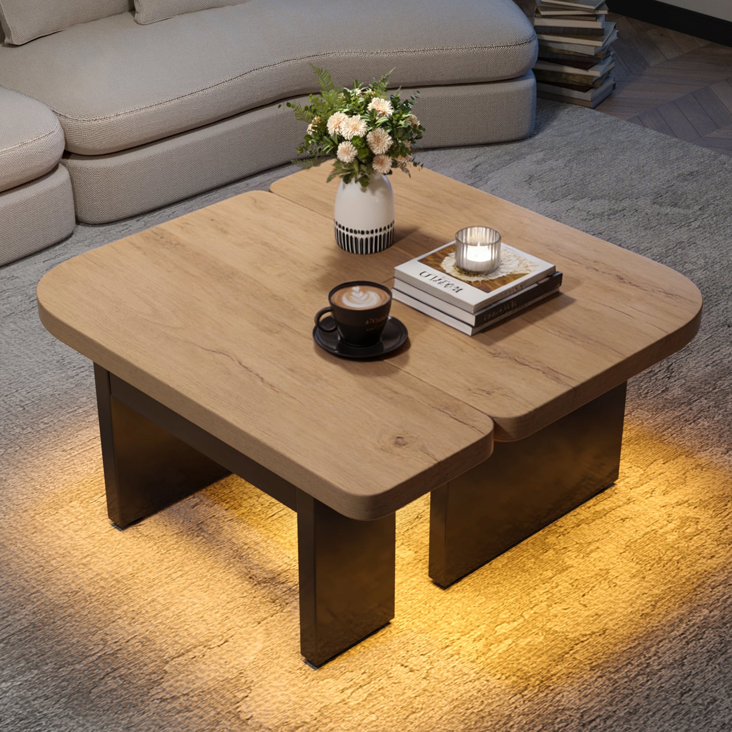 Conception de table basse 2 en 1, librement combinable, 2 tiroirs, ronds souples, pieds réglables en hauteur.