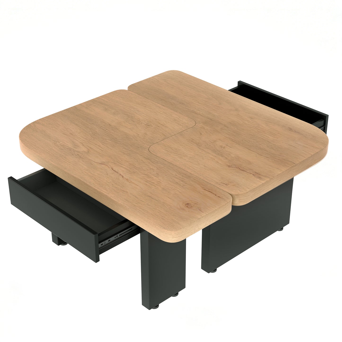 Conception de table basse 2 en 1, librement combinable, 2 tiroirs, ronds souples, pieds réglables en hauteur.