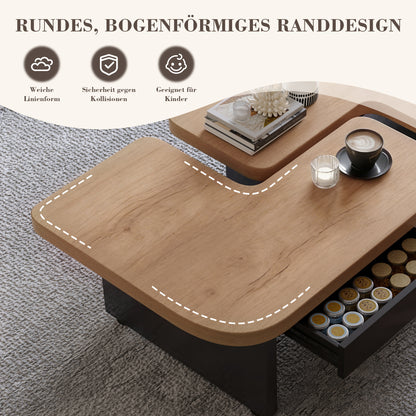 Conception de table basse 2 en 1, librement combinable, 2 tiroirs, ronds souples, pieds réglables en hauteur.