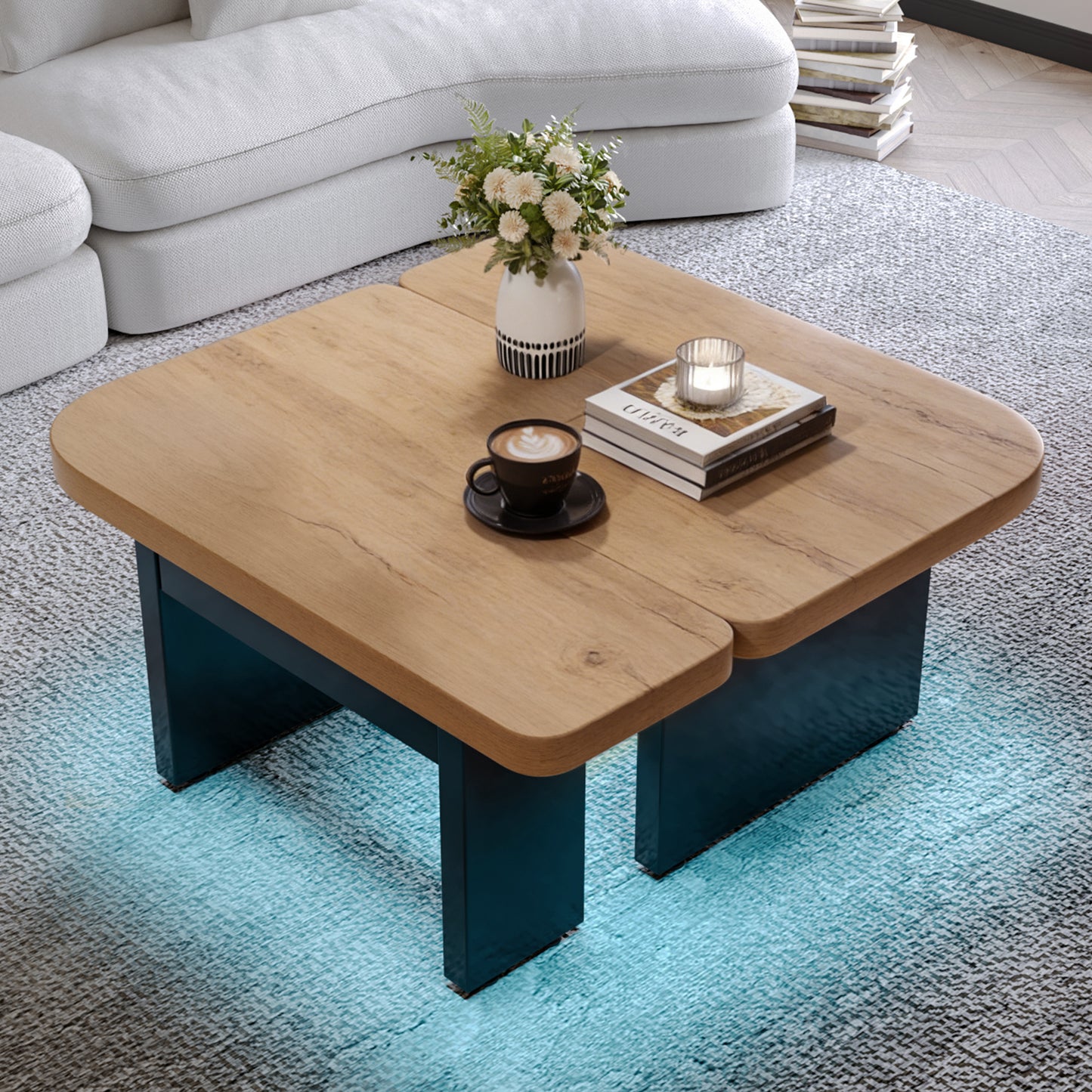 Conception de table basse 2 en 1, librement combinable, 2 tiroirs, ronds souples, pieds réglables en hauteur.