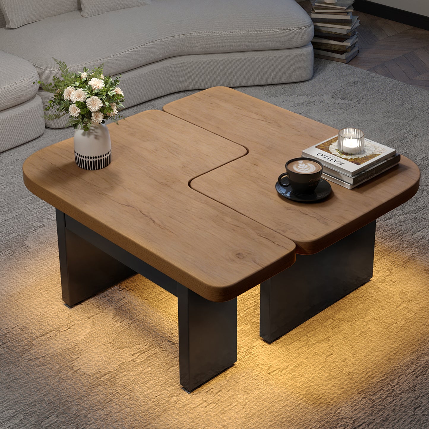 Conception de table basse 2 en 1, librement combinable, 2 tiroirs, ronds souples, pieds réglables en hauteur.