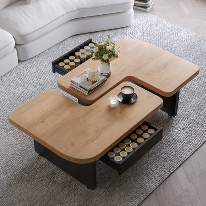 Conception de table basse 2 en 1, librement combinable, 2 tiroirs, ronds souples, pieds réglables en hauteur.
