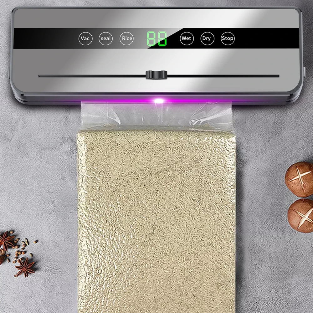 Machine de mise sous vide électrique pour la conservation des aliments : bouton tactile, fonction sèche/humide, coupe-aliments intégré, idéale pour la cuisine.