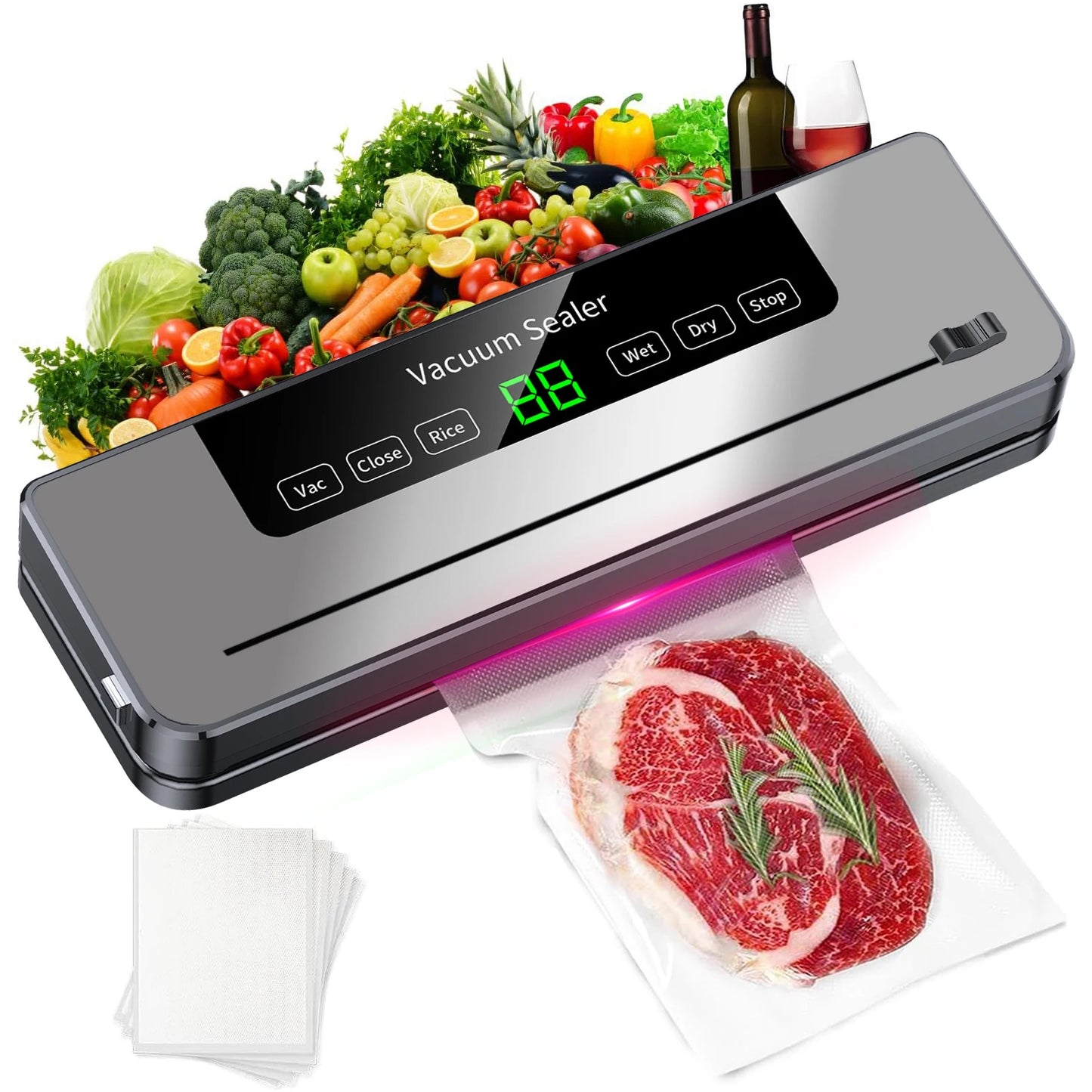 Machine de mise sous vide électrique pour la conservation des aliments : bouton tactile, fonction sèche/humide, coupe-aliments intégré, idéale pour la cuisine.