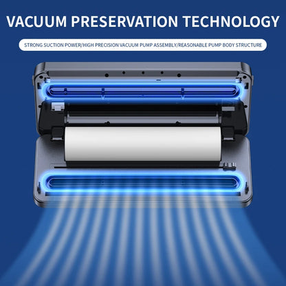 Machine de mise sous vide électrique pour la conservation des aliments : bouton tactile, fonction sèche/humide, coupe-aliments intégré, idéale pour la cuisine.