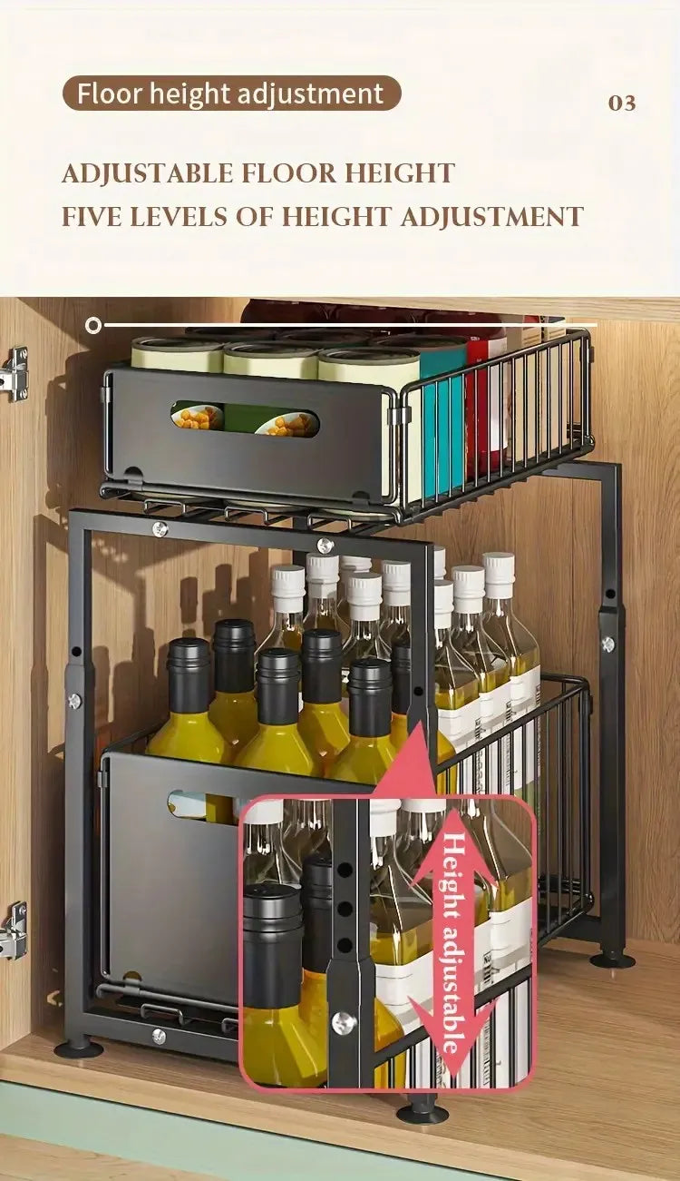 Organisateur de placard coulissant à 2 niveaux, étagère de cuisine réglable en hauteur, pour rangement sous évier et pots à épices.