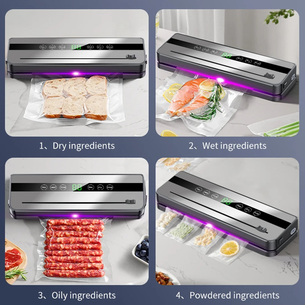 Machine de mise sous vide électrique pour la conservation des aliments : bouton tactile, fonction sèche/humide, coupe-aliments intégré, idéale pour la cuisine.