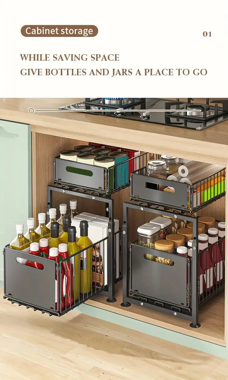 Organisateur de placard coulissant à 2 niveaux, étagère de cuisine réglable en hauteur, pour rangement sous évier et pots à épices.