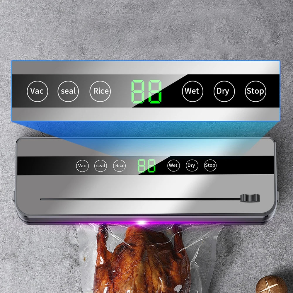 Machine de mise sous vide électrique pour la conservation des aliments : bouton tactile, fonction sèche/humide, coupe-aliments intégré, idéale pour la cuisine.