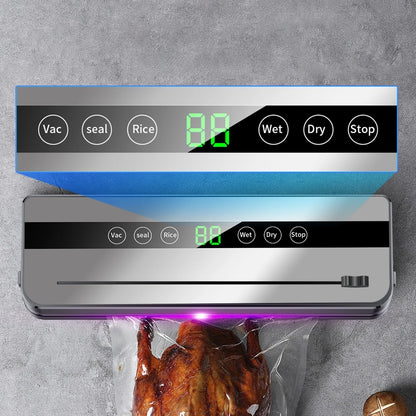 Machine de mise sous vide électrique pour la conservation des aliments : bouton tactile, fonction sèche/humide, coupe-aliments intégré, idéale pour la cuisine.