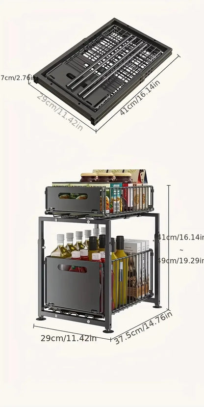 Organisateur de placard coulissant à 2 niveaux, étagère de cuisine réglable en hauteur, pour rangement sous évier et pots à épices.