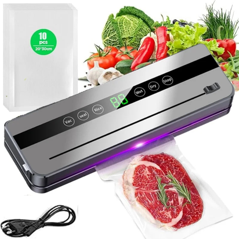 Machine de mise sous vide électrique pour la conservation des aliments : bouton tactile, fonction sèche/humide, coupe-aliments intégré, idéale pour la cuisine.