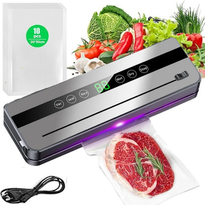 Machine de mise sous vide électrique pour la conservation des aliments : bouton tactile, fonction sèche/humide, coupe-aliments intégré, idéale pour la cuisine.