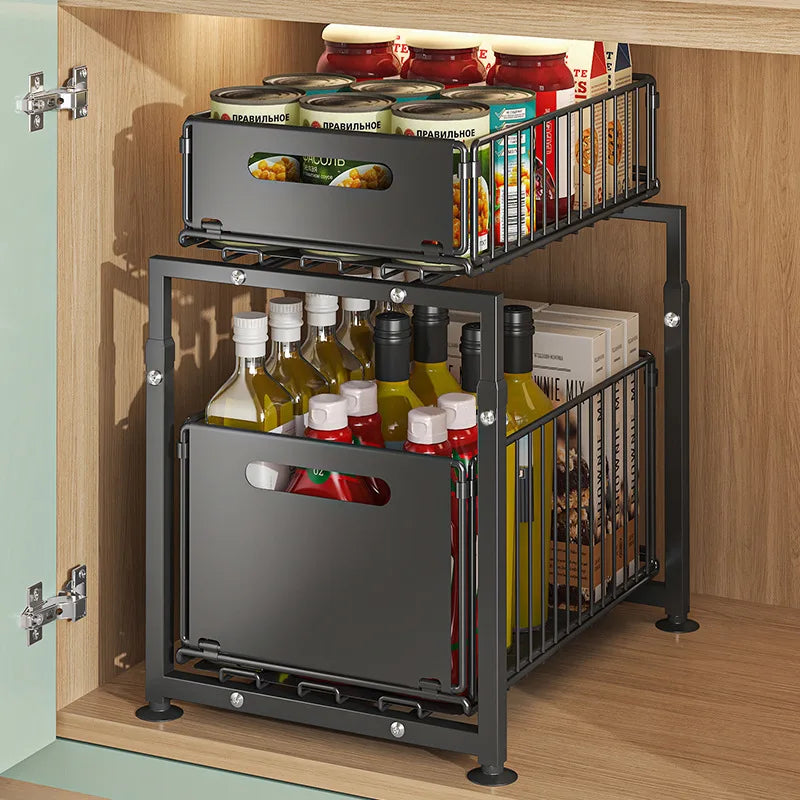 Organisateur de placard coulissant à 2 niveaux, étagère de cuisine réglable en hauteur, pour rangement sous évier et pots à épices.