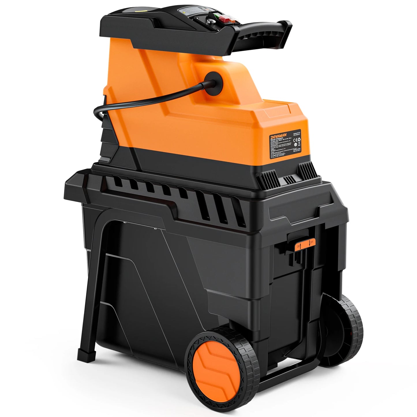 Broyeur de branches DOVAMAN, moteur sans balais de 2500 W, rouleau à 8 dents, broie les branches sèches jusqu'à 40 mm, bac de 55 L, protection contre les surcharges