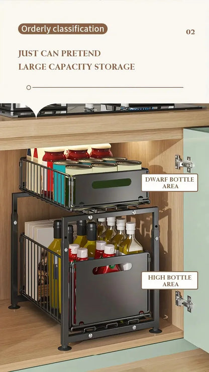 Organisateur de placard coulissant à 2 niveaux, étagère de cuisine réglable en hauteur, pour rangement sous évier et pots à épices.