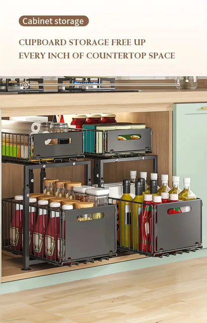 Organisateur de placard coulissant à 2 niveaux, étagère de cuisine réglable en hauteur, pour rangement sous évier et pots à épices.