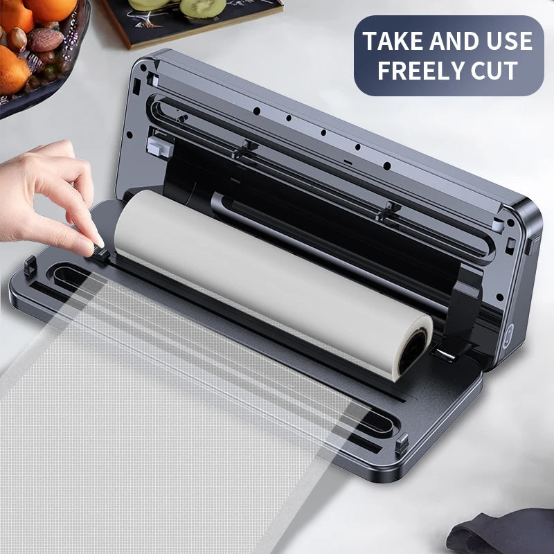 Machine de mise sous vide électrique pour la conservation des aliments : bouton tactile, fonction sèche/humide, coupe-aliments intégré, idéale pour la cuisine.