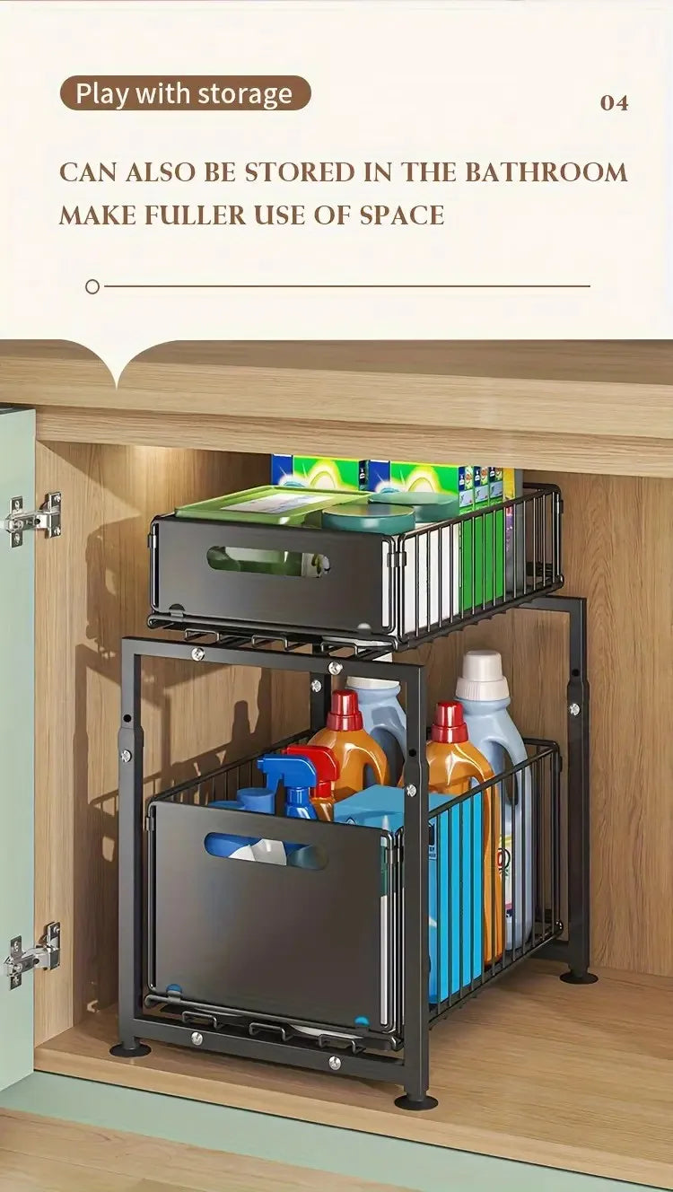 Organisateur de placard coulissant à 2 niveaux, étagère de cuisine réglable en hauteur, pour rangement sous évier et pots à épices.